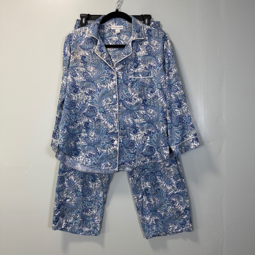 Miss Elaine Pajama Set‎ Womens Small Blue White Paisley Button Front Pants 2pc